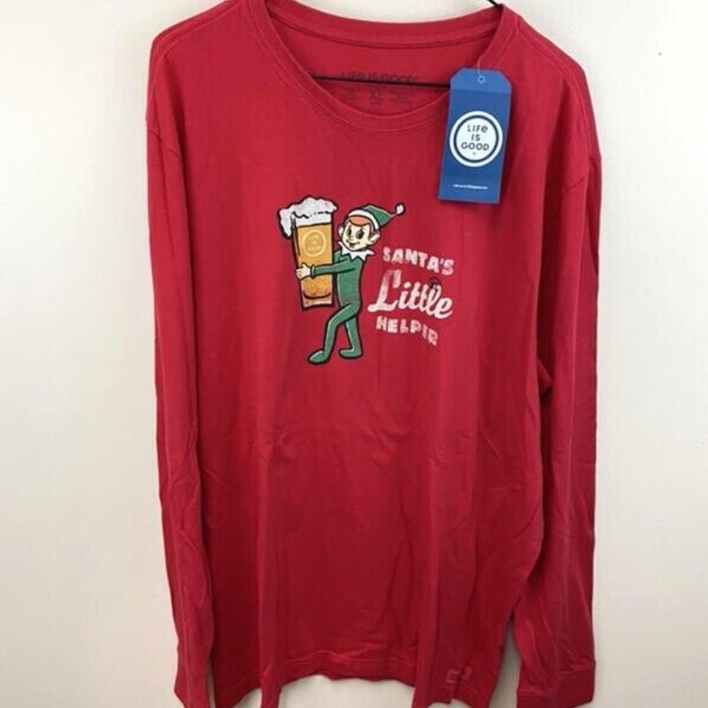 NWT Life Is Good XL L Santas Little Helper Beer Elf Shirt Red Long Sleeve Mens